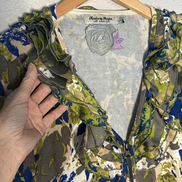 Vintage Green Camo Ruffle Full Zip Cardigan Twelve By Twelve LA Indie Artsy Boho - Picture 5 of 6